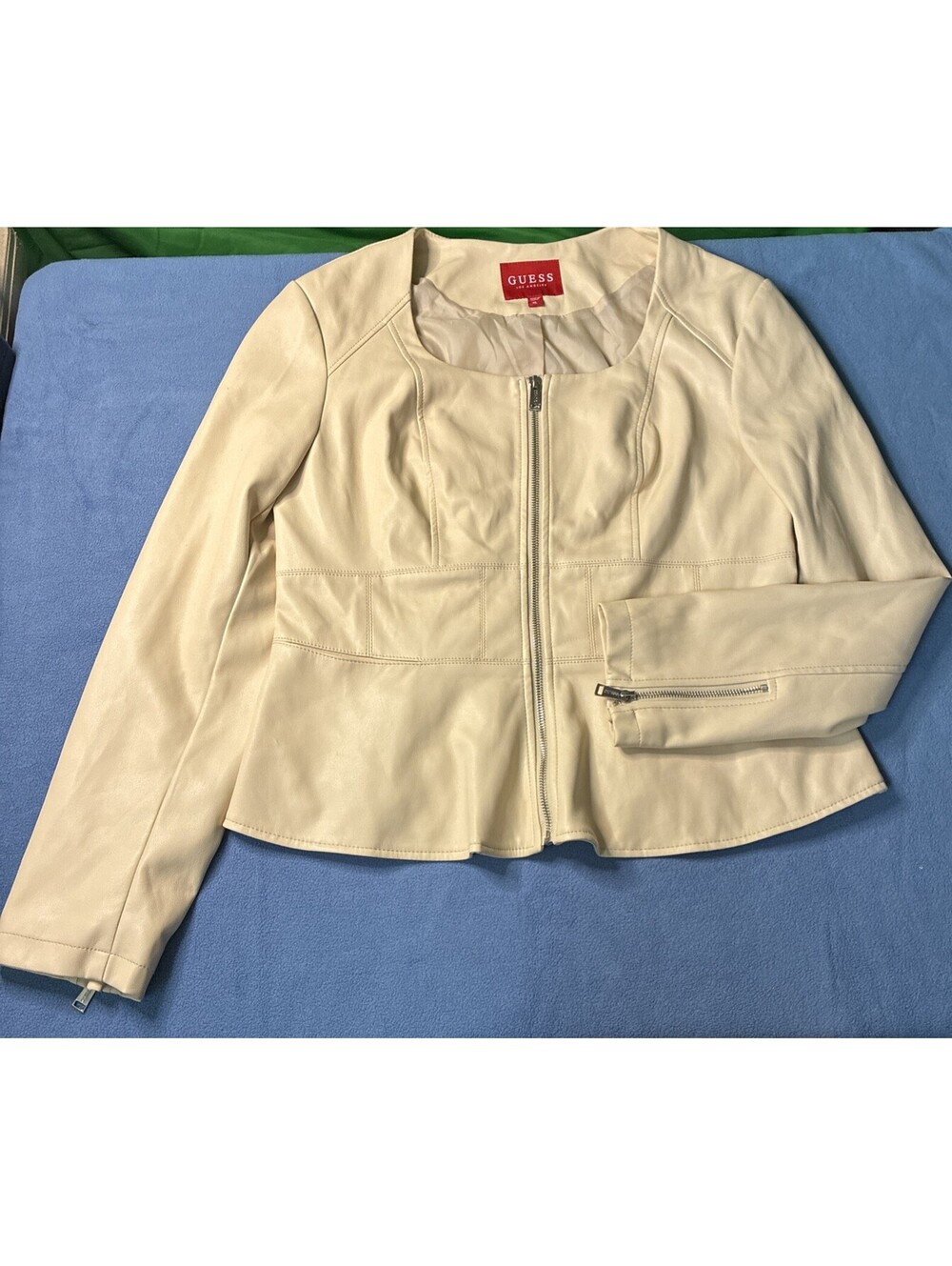 Crean-colored Guess faux leather peplum jacket